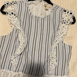 Calvin Klein Blue and White Striped Blouse with Lace